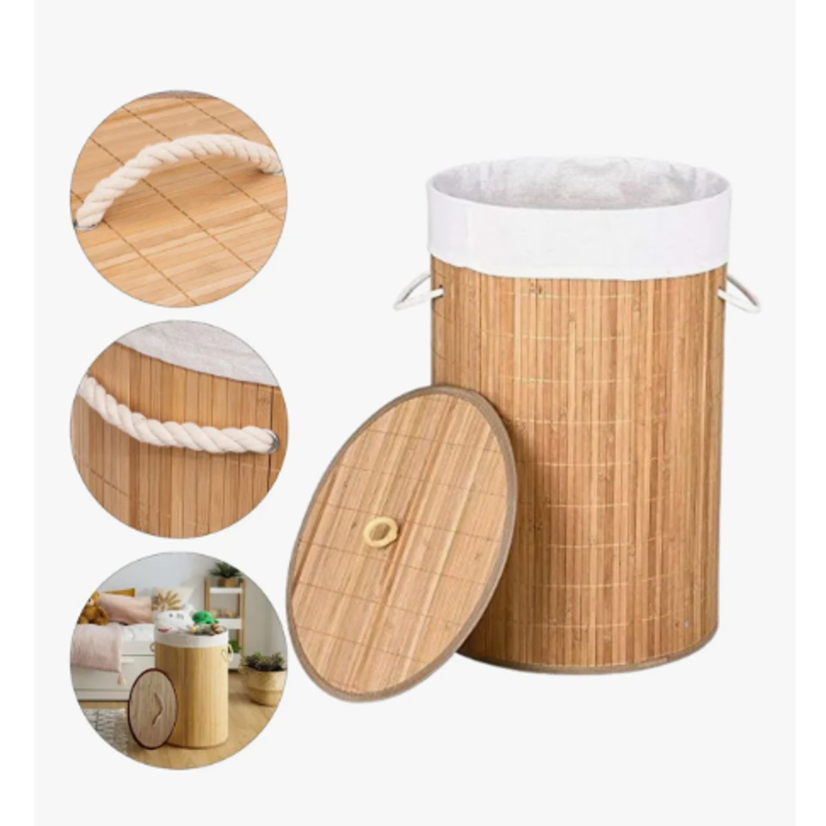 GENERICO - Canasto Cesto Ropa Sucia Pleglable Bambu Redondo Madera