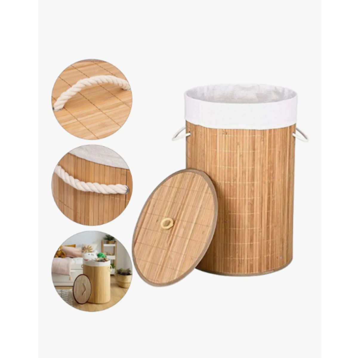 GENERICO - Canasto Cesto Ropa Sucia Pleglable Bambu Redondo Madera