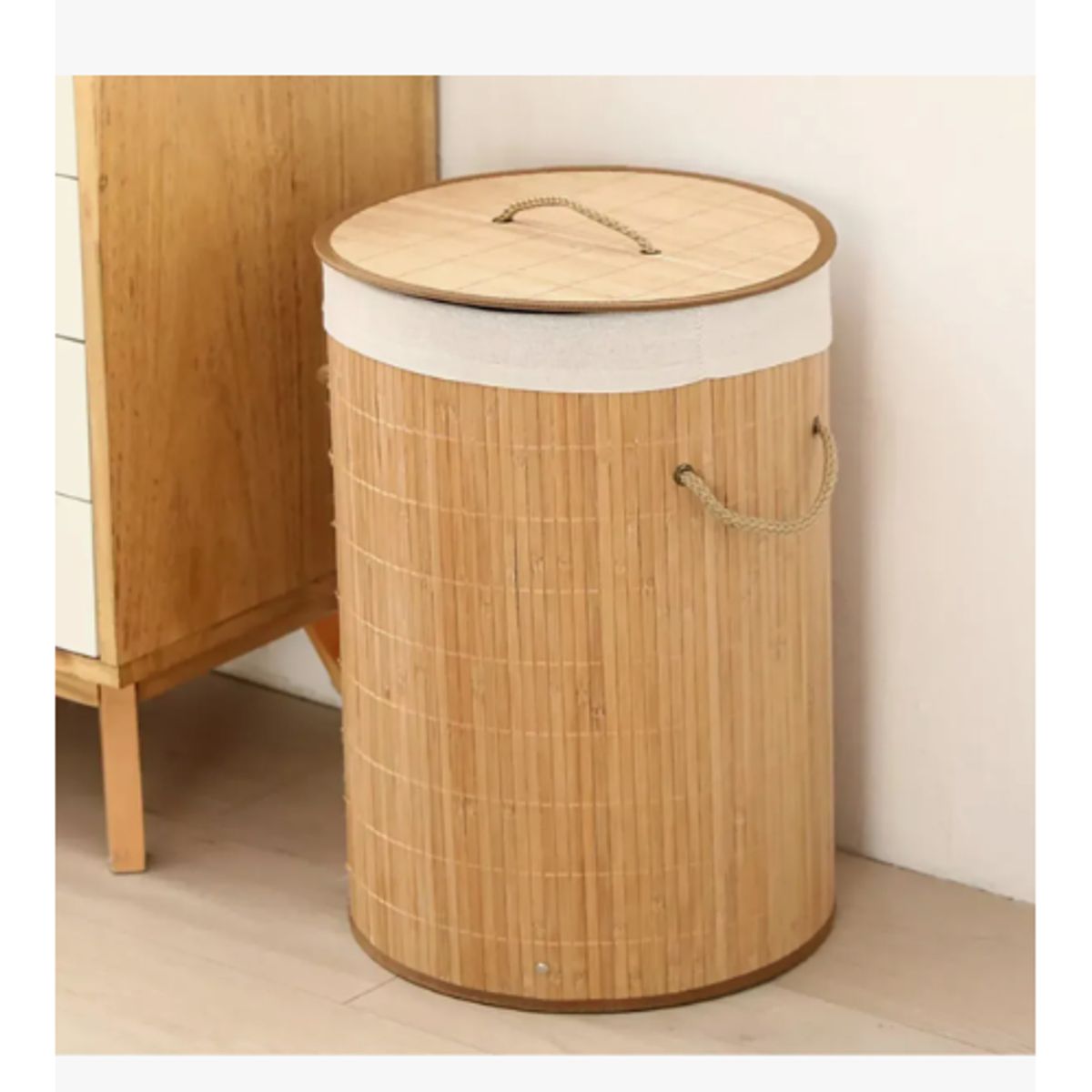 GENERICO - Canasto Cesto Ropa Sucia Pleglable Bambu Redondo Madera