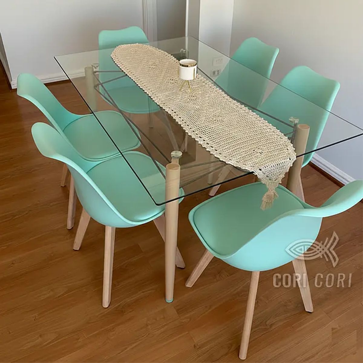 CORI CORI - Mesa Crox Vidrio 140x80 cms + 6 Sillas Tulip