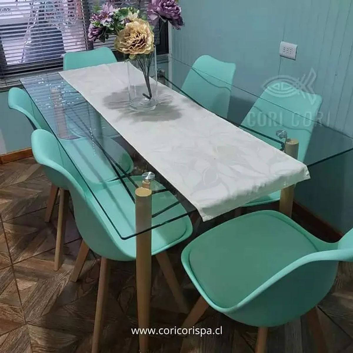 CORI CORI - Mesa Crox Vidrio 140x80 cms + 6 Sillas Tulip