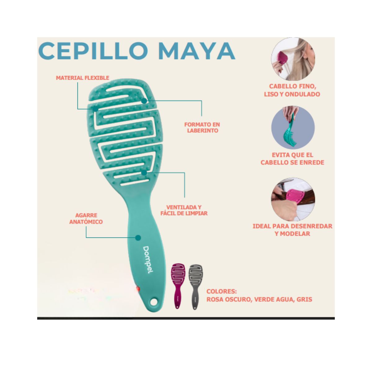 GENERICO - Cepillo Desenredante Maya Verde Agua Dompel