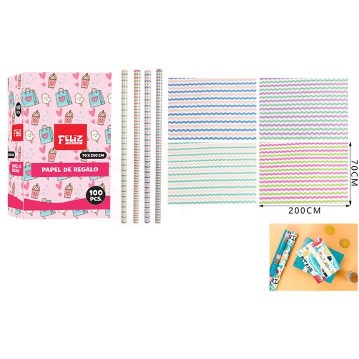 GENERICO - Papel de regalo 70x200cm De Colores