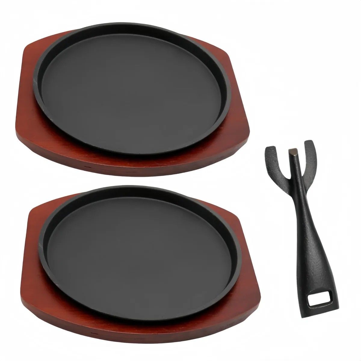 KUANGYE - 2 Plancha Plato De Fierro Fundido Con Base Madera Y 1 Pinza Negro 21cm