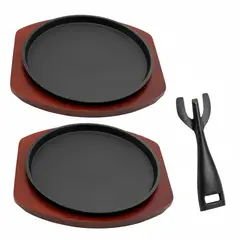 KUANGYE - 2 Plancha Plato De Fierro Fundido Con Base Madera Y 1 Pinza Negro 21cm
