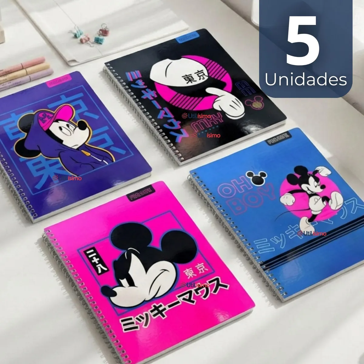 PROARTE - Pack 5 Cuadernos Universitarios Mickey Mouse Proarte 7mm 100 Hojas Diseños Surtidos