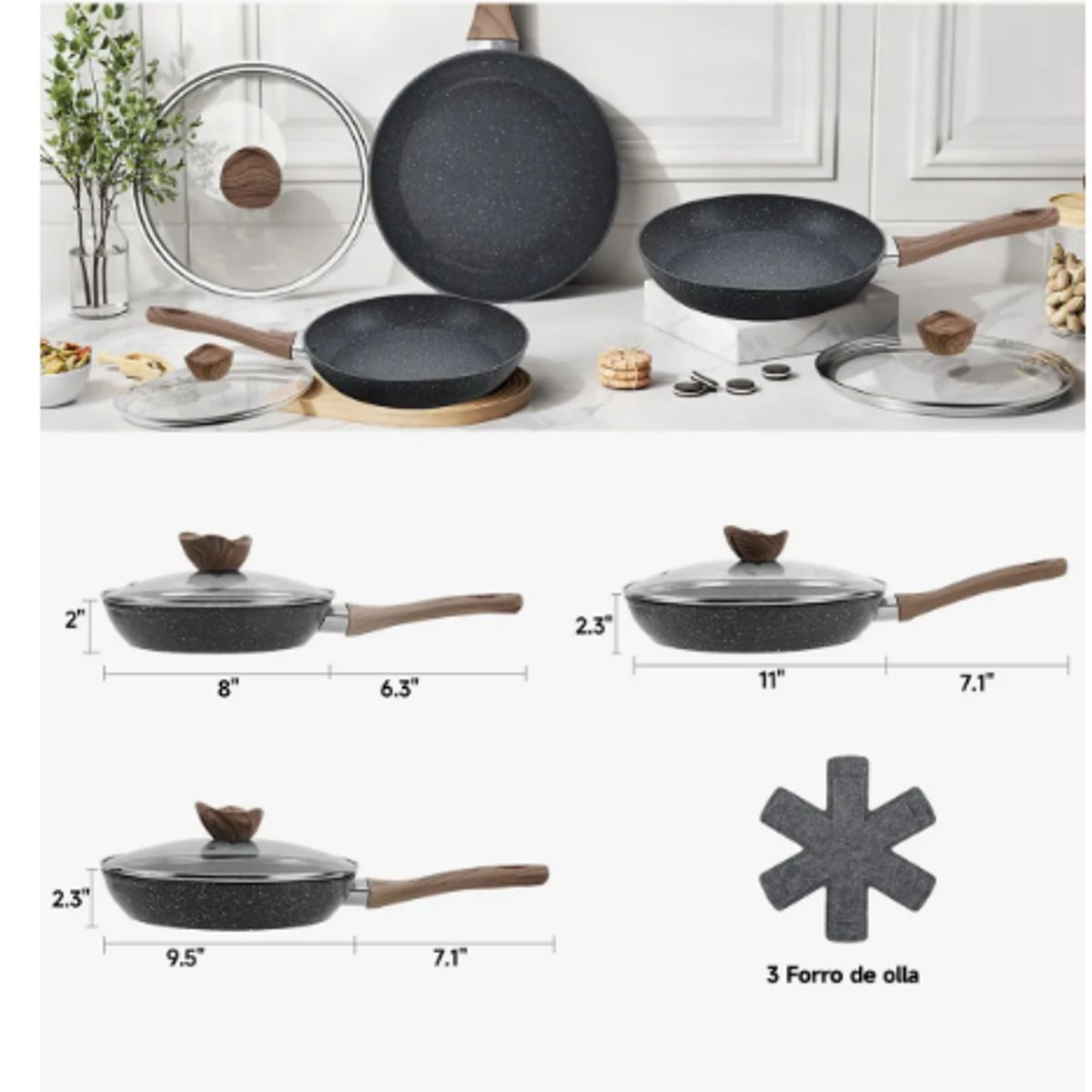 GENERICO - Bateria De Cocina 9 Piezas Antiadherente Olla Sarten Negro