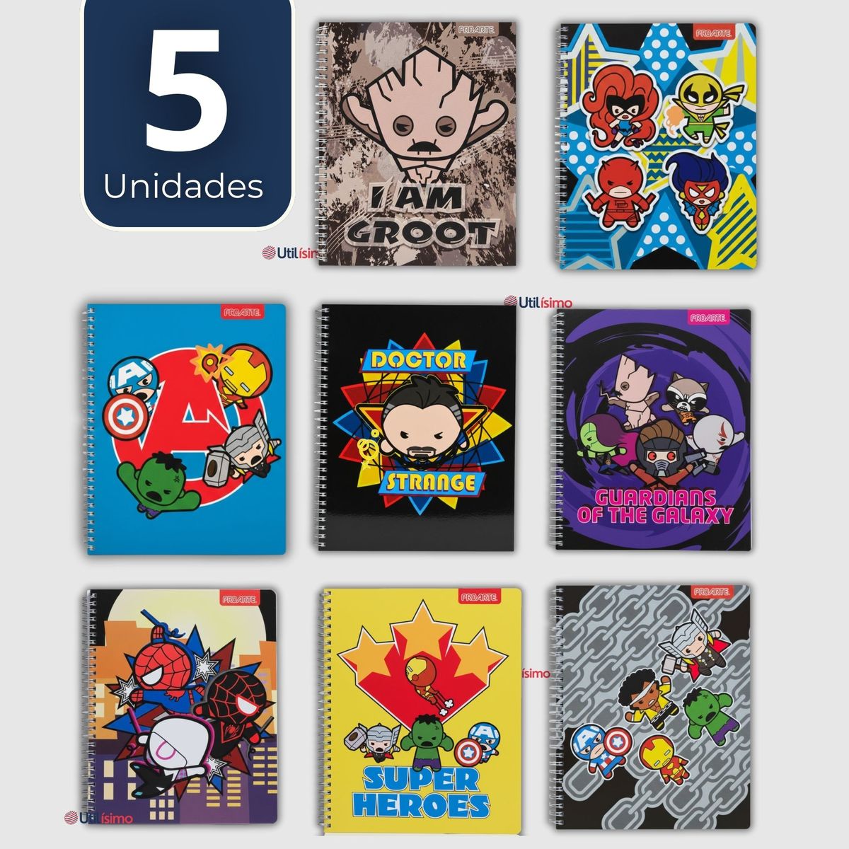 PROARTE - Pack 5 Cuadernos Universitarios Marvel Heroes 100 Hojas Proarte Diseños Surtidos