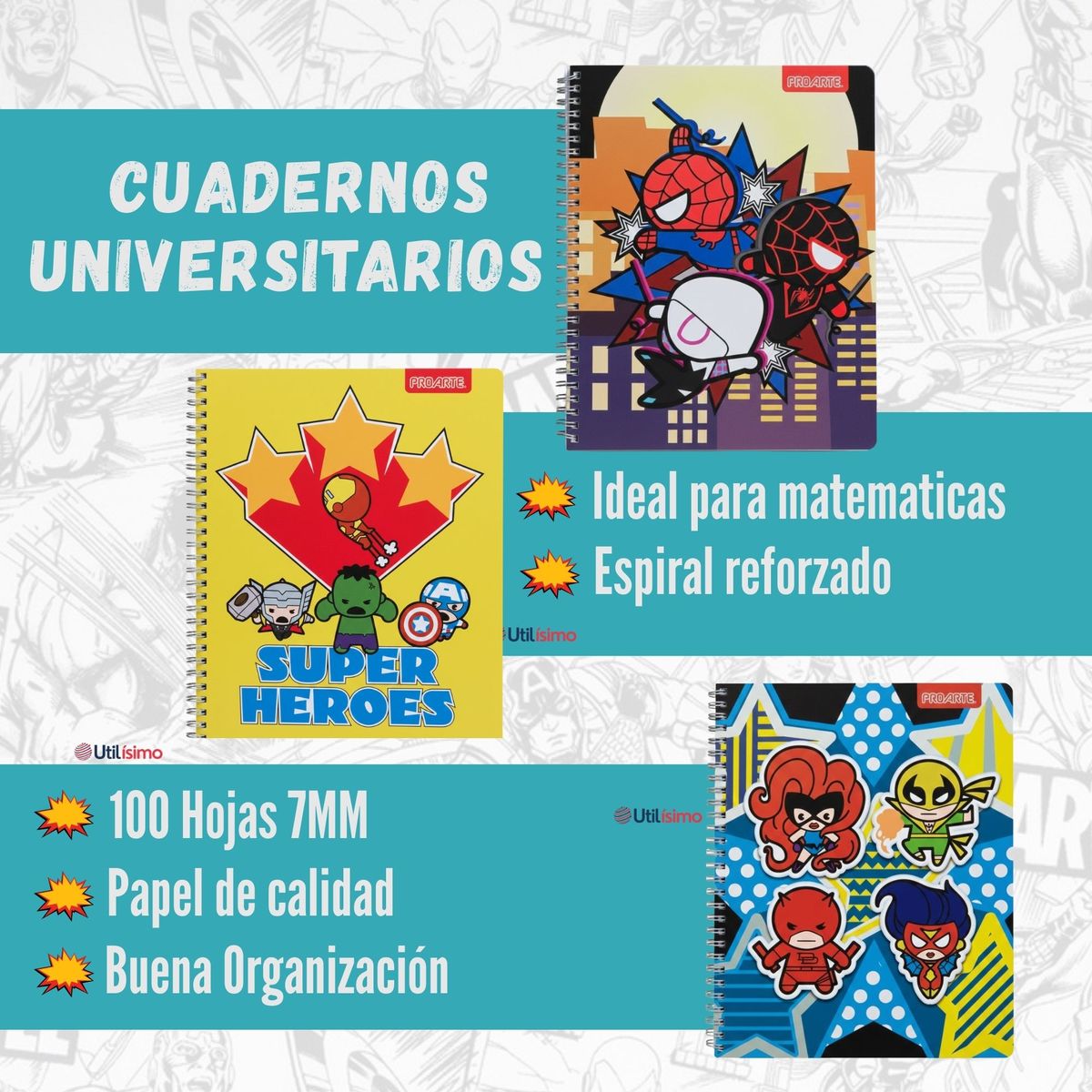 PROARTE - Pack 10 Cuadernos Universitarios Marvel Heroes 100 Hojas Proarte Diseños Surtidos
