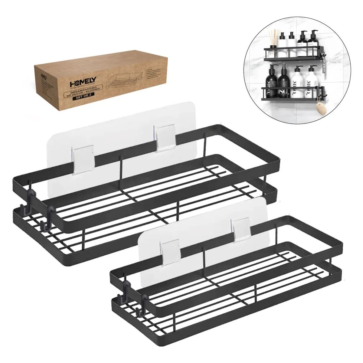 GENERICO - Set x2 Organizadores de Ducha de Aluminio con Instalación sin Taladro