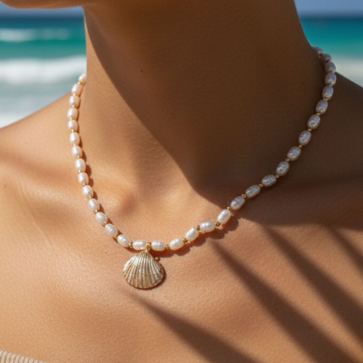 GENERICO - Collar playero mujer Concha Marina y Perlas Dorado Estilo Verano