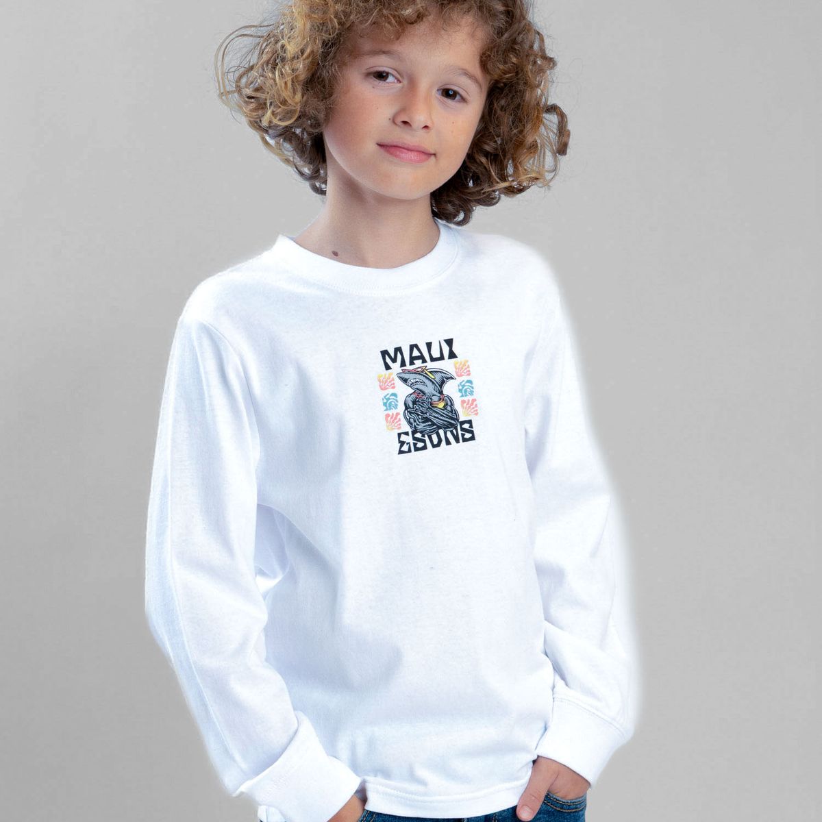 MAUI AND SONS - Polera ML Shark Blanco Infantil Maui And Sons