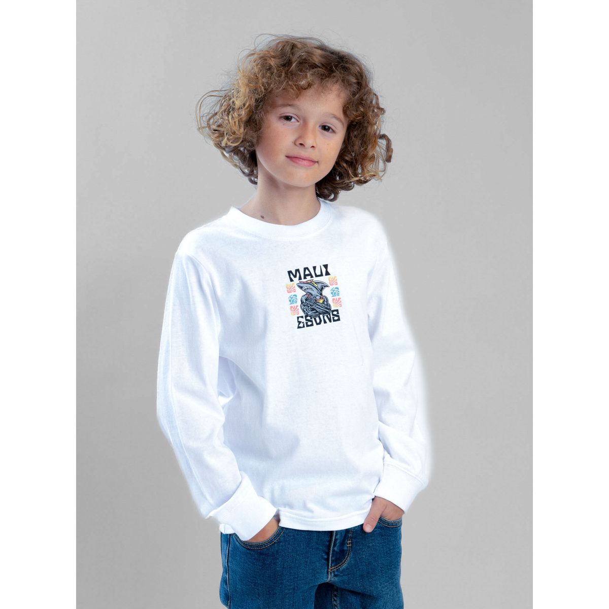MAUI AND SONS - Polera ML Shark Blanco Infantil Maui And Sons