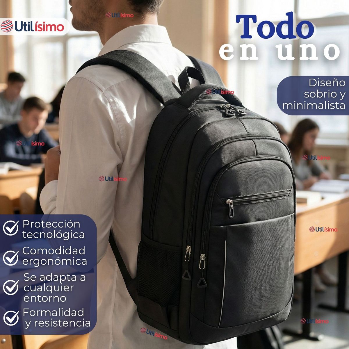 UTILISIMO - Mochila Escolar Universitaria Notebook Impermeable Resistente 47cm Negro 23L