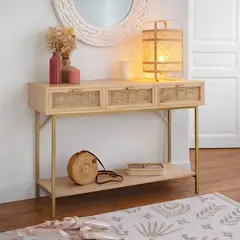 DF HOME - Aparador Rattan Natural con Cajones y Base Dorada 110 cm