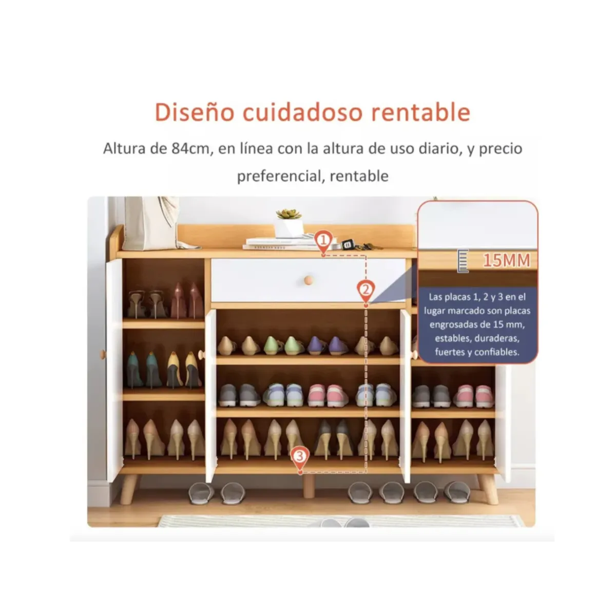 GENERICO - Zapatero Organizador 120cmx30x84cm De Madera 4 Puertas Color Blanco y Cafe