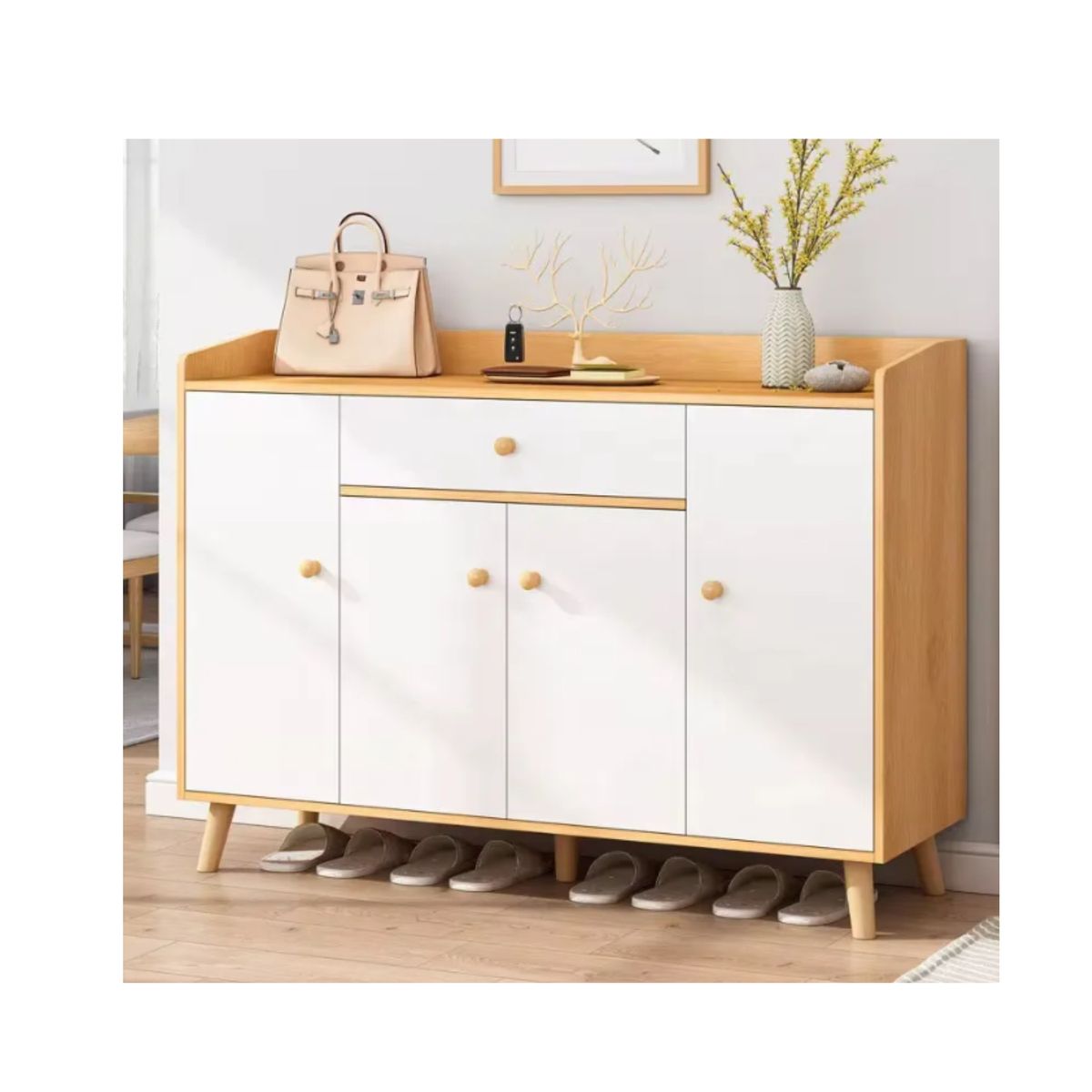 GENERICO - Zapatero Organizador 120cmx30x84cm De Madera 4 Puertas Color Blanco Y Cafe