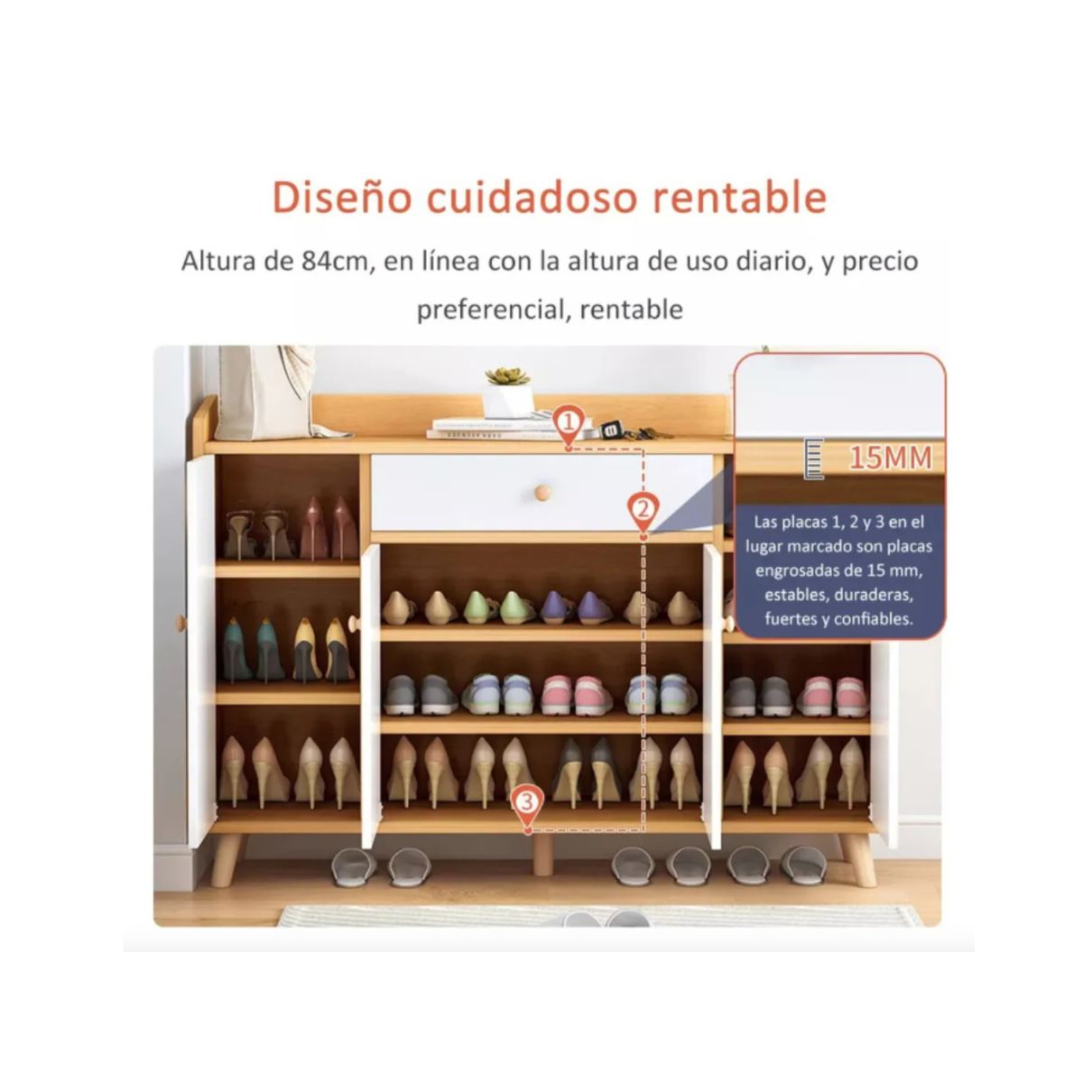 GENERICO - Zapatero Organizador 120cmx30x84cm De Madera 4 Puertas Color Blanco Y Cafe