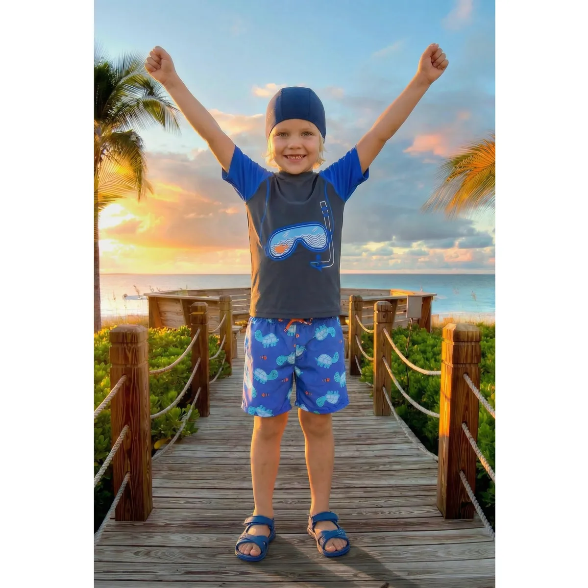 LIKE SHOP - Conjunto De Baño Niños Short Polera Manga Corta Gorro Diseño 0063