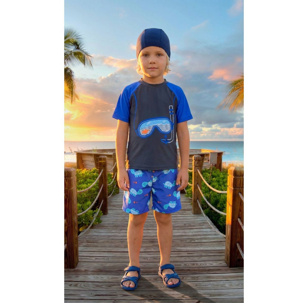 LIKE SHOP - Conjunto De Baño Niños Short Polera Manga Corta Gorro Diseño 0063