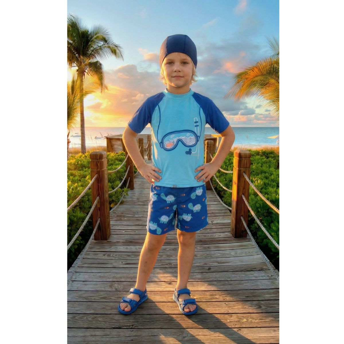 LIKE SHOP - Conjunto De Baño Niños Short Polera Manga Corta Gorro Diseño 0063