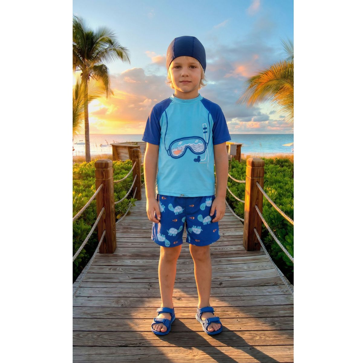 LIKE SHOP - Conjunto De Baño Niños Short Polera Manga Corta Gorro Diseño 0063