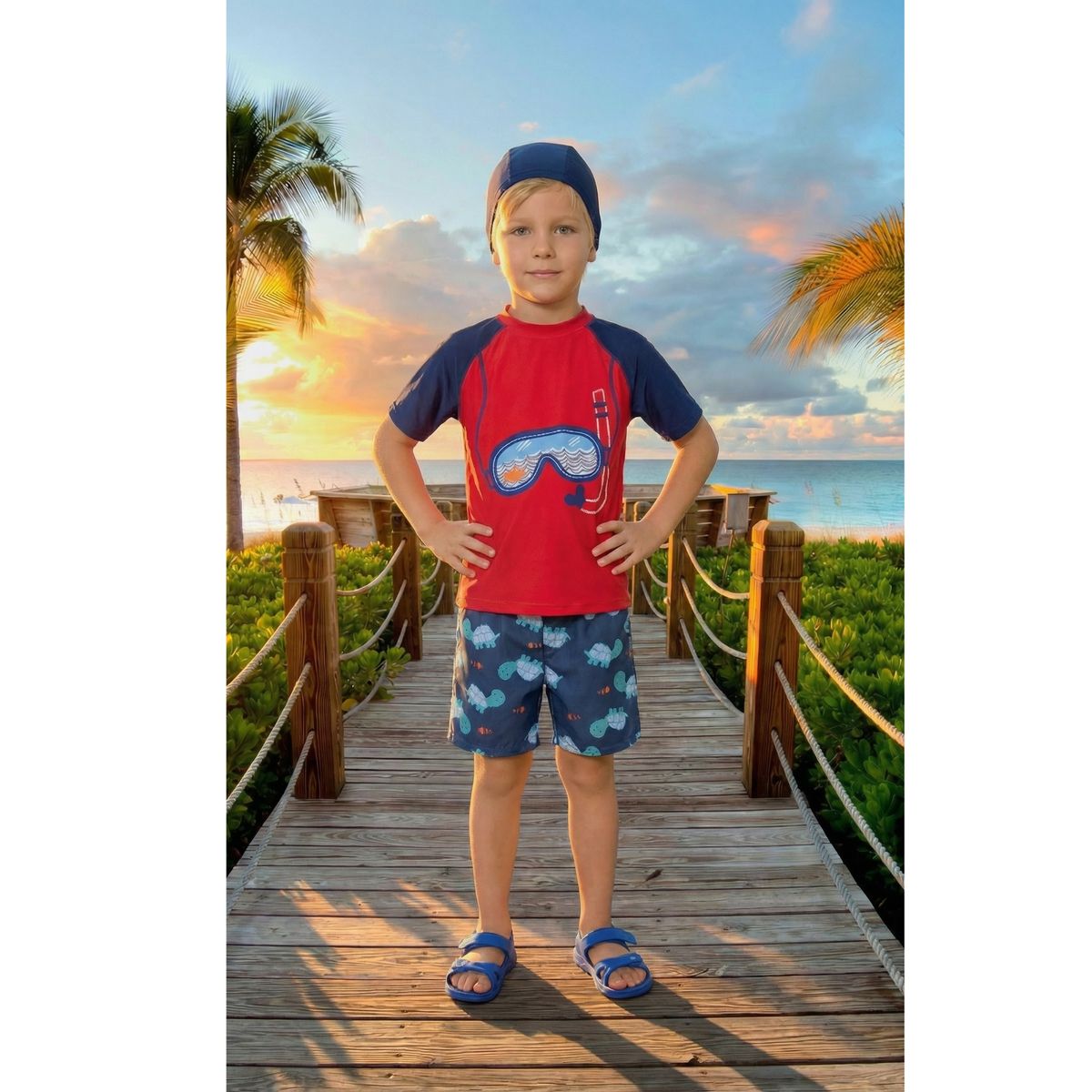 LIKE SHOP - Conjunto De Baño Niños Short Polera Manga Corta Gorro Diseño 0063