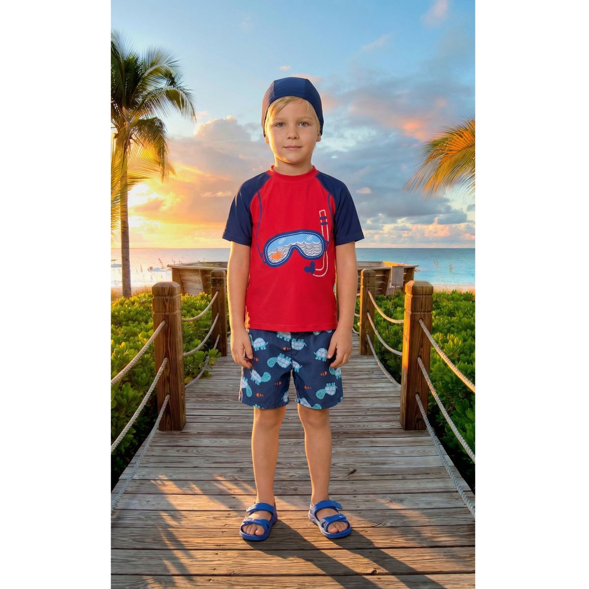 LIKE SHOP - Conjunto De Baño Niños Short Polera Manga Corta Gorro Diseño 0063