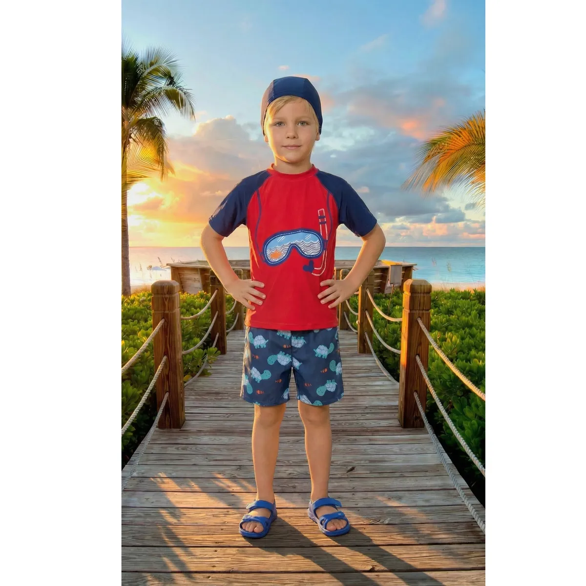 LIKE SHOP - Conjunto De Baño Niños Short Polera Manga Corta Gorro Diseño 0063