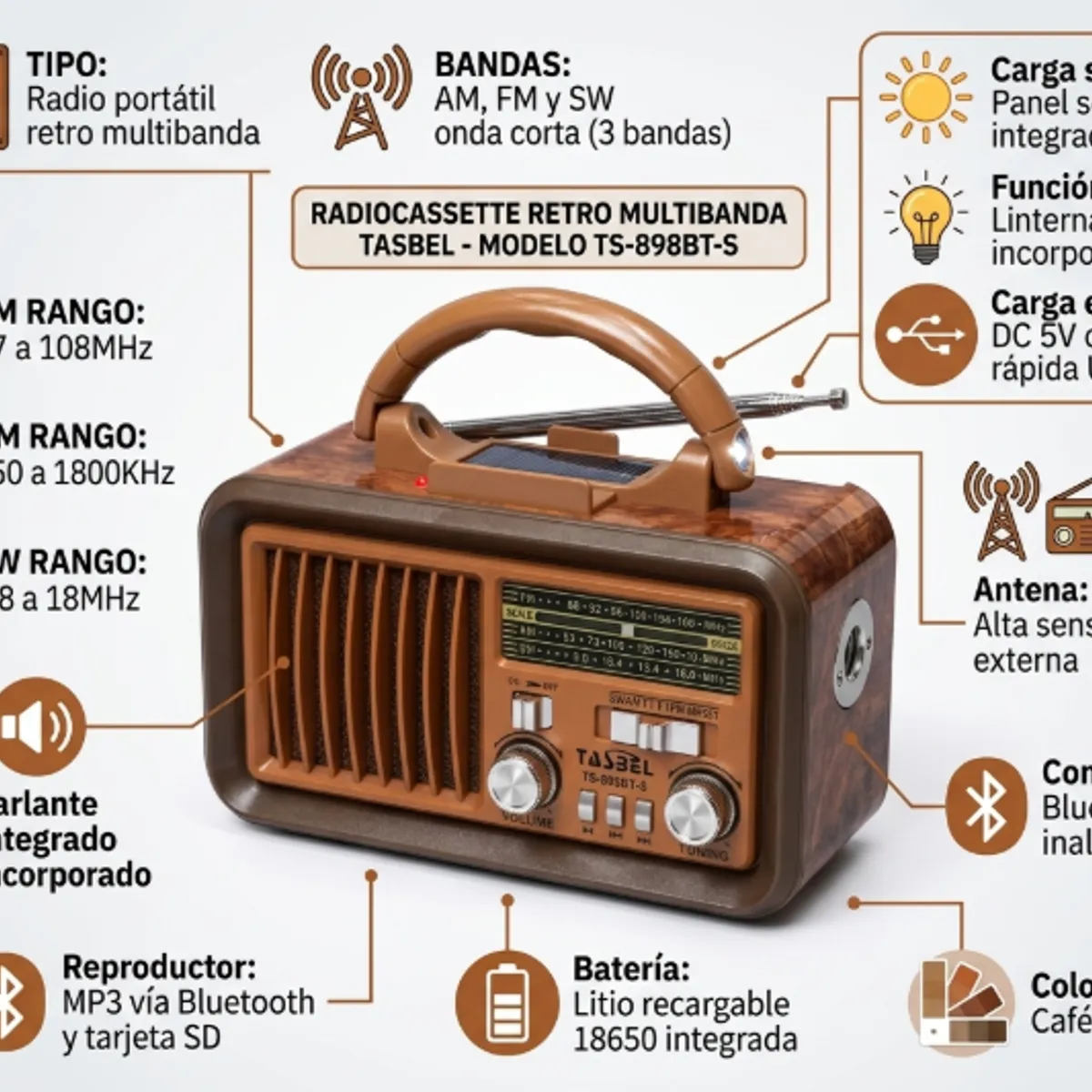 TASBEL - Radio Retro Tasbel TS-898BT-S AM FM SW Solar Bluetooth MP3 Bateria Recargable Linterna Portatil