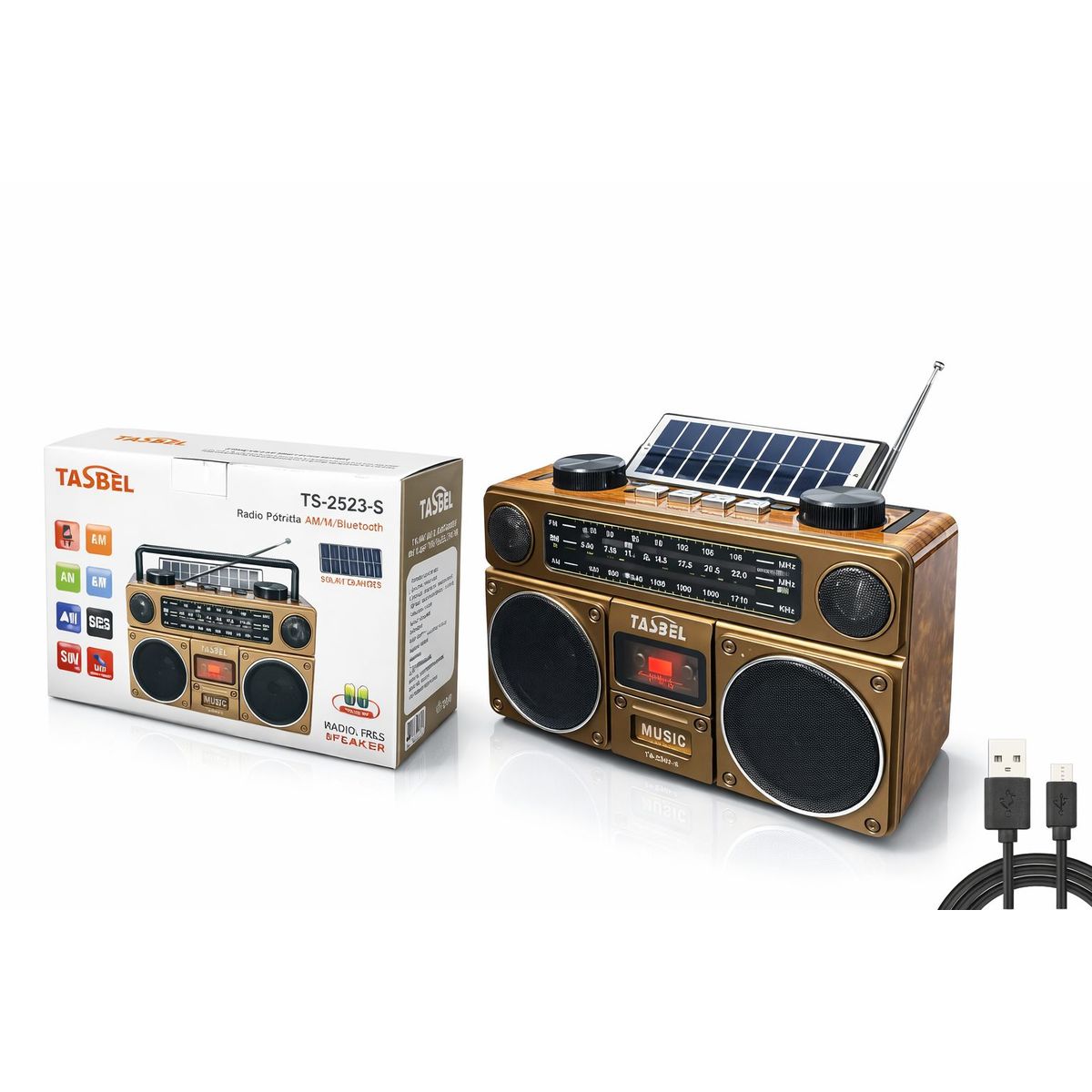 TASBEL - Pack 2 Radio AM FM Bluetooth Solar Recargable Portatil Retro con Linterna LED Regalo