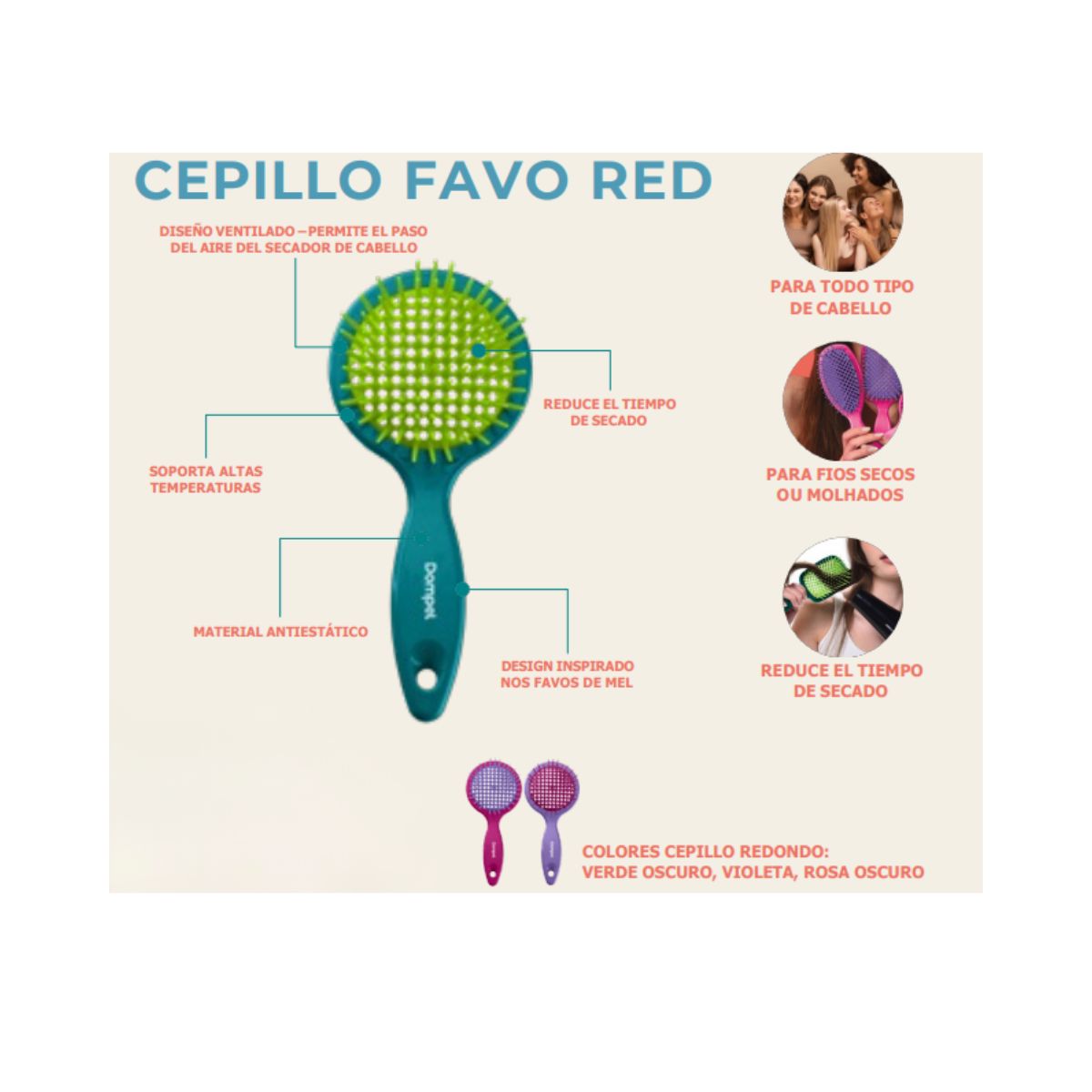 GENERICO - Cepillo Favo Redondo Para cabellos de liso a Crespos Violeta