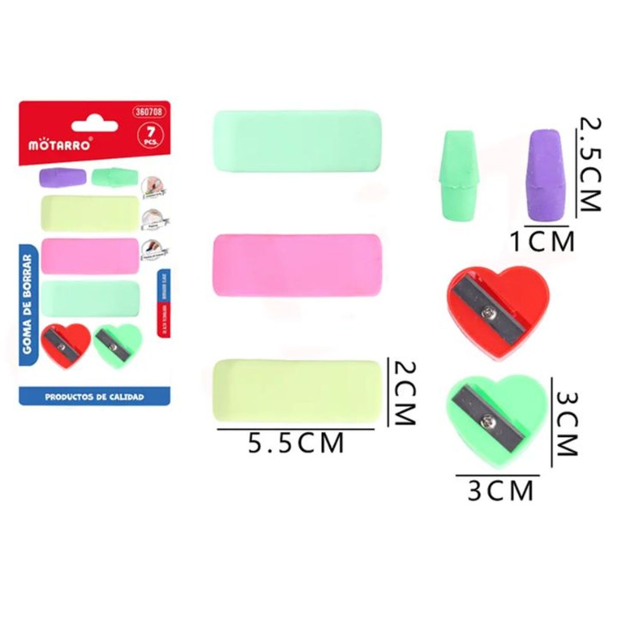 GENERICO - Goma de Borrar+Sacapuntas 7pcs 3x3cm