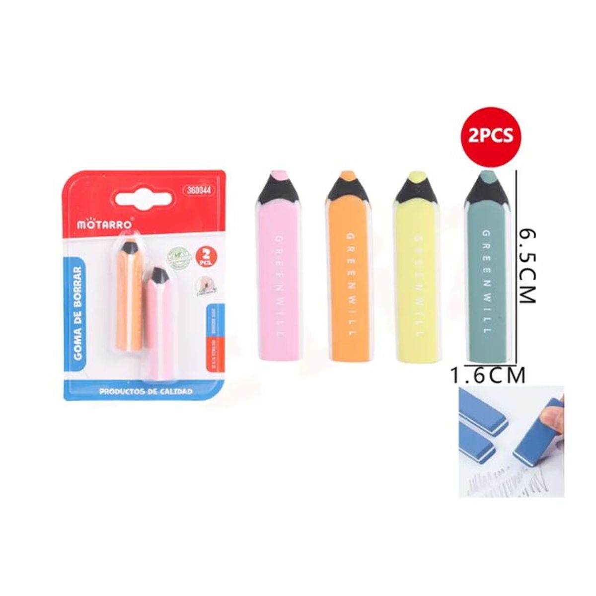 GENERICO - Goma de Borrar forma lápiz 16x65cm 2pcs