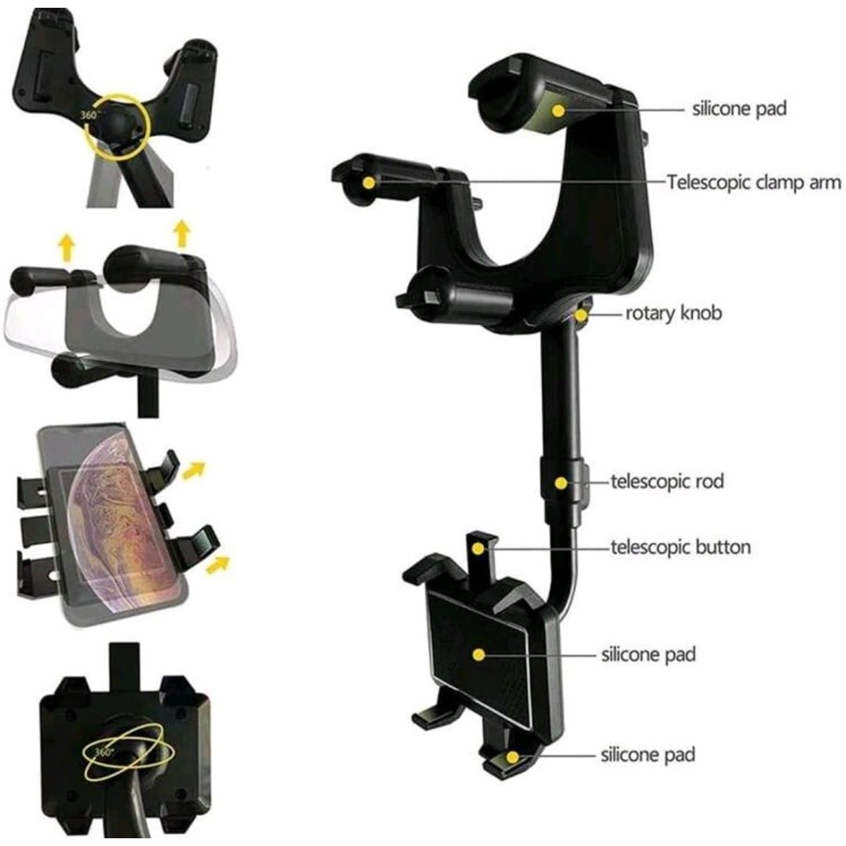 GENERICO - Soporte celular para espejo central rotacion 360