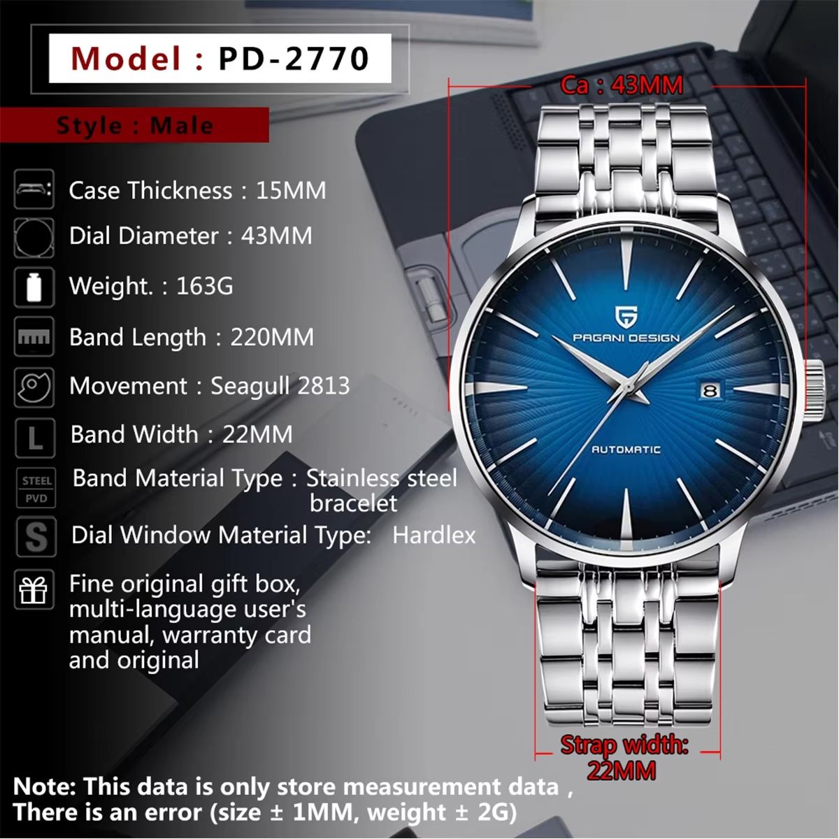 PAGANI - Reloj Pagani Design Automático Presage 43mm - Azul con Correa Acero Inoxidable