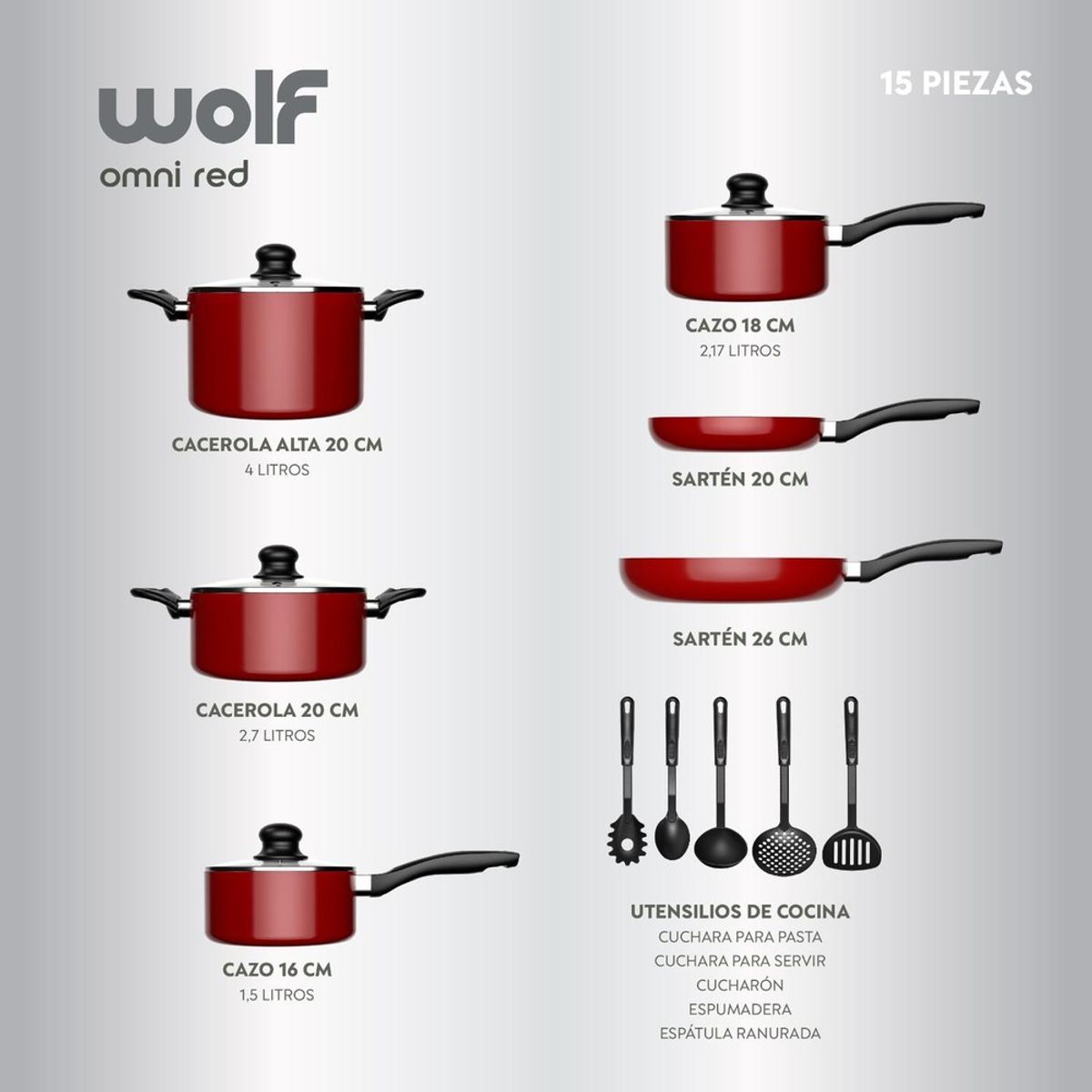 GENERICO - Batería de Cocina 15Pzas Aluminio Antiadherente Rojo Wolf