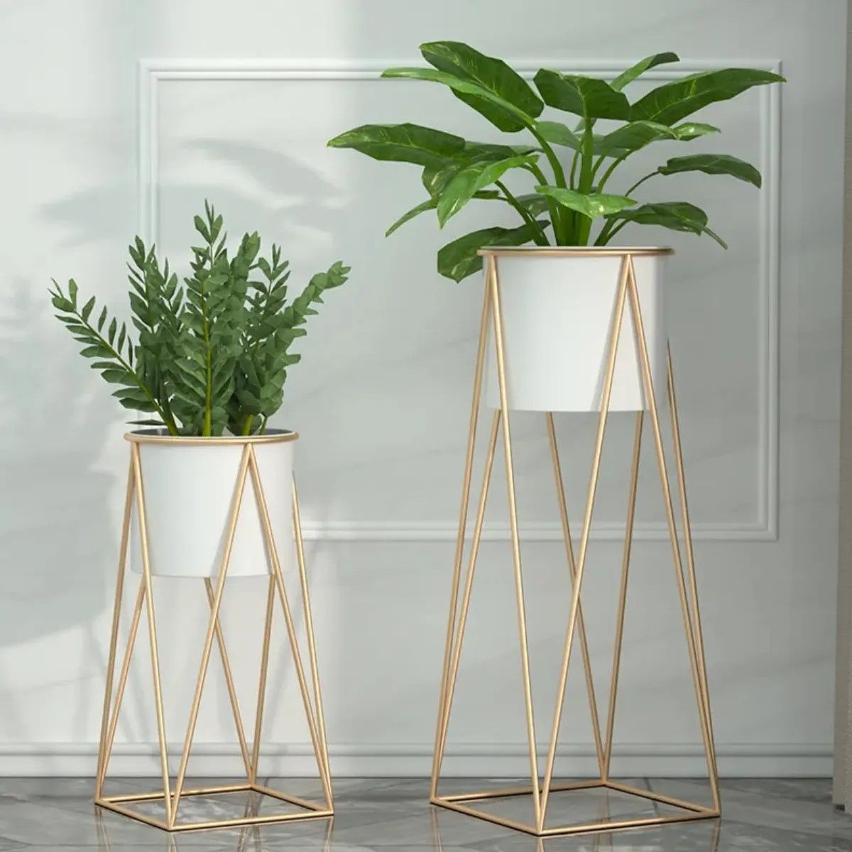 GENERICO - Porta Macetero Pedestal Maceta Plantas Blanco Dorado Mediano