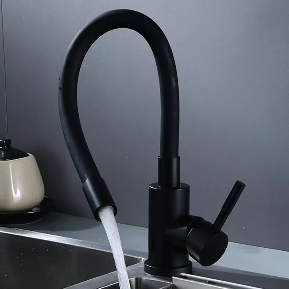 KINDA NICE - Llave Lavaplatos Monomando Cuello Flexible Negro Giratorio
