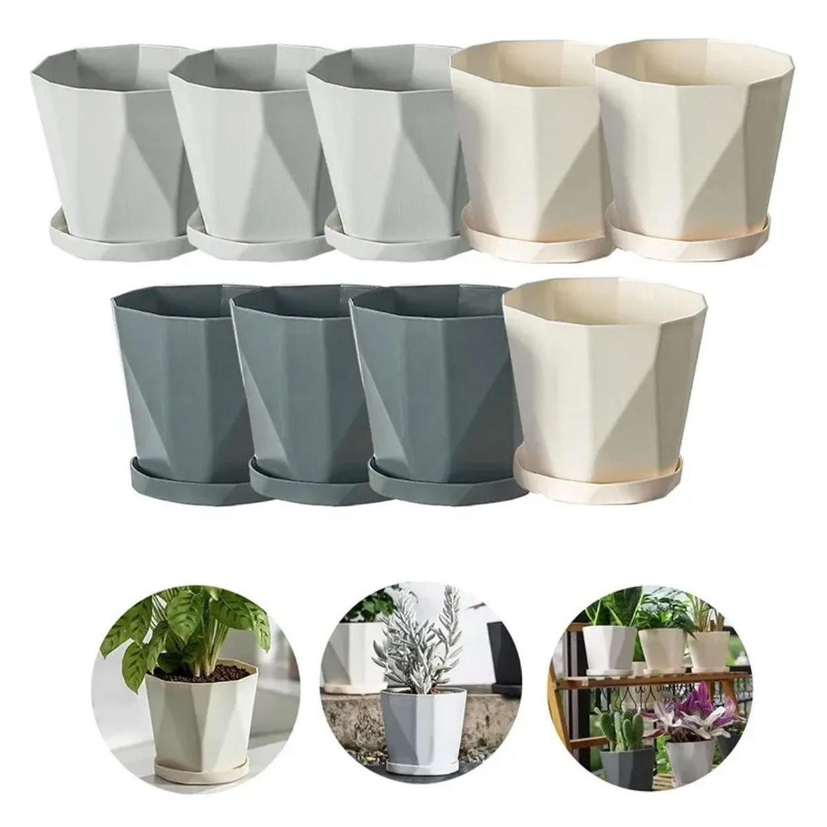 ATURE - 9 Pcs Macetas De Plastico Con Separador De Agua 3 Colores