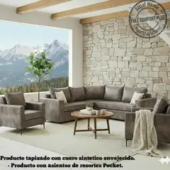 SITIAL HOME - Living 311 jack Gris cuero sintetico envejecido Seccional + 2 Poltronas con Resortes