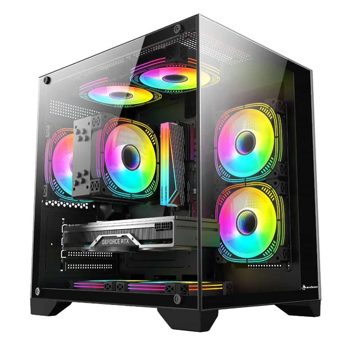 GENERICO - Gabinete Exodia ExoPlus Negro mATX 5 Fans ARGB V. Templado