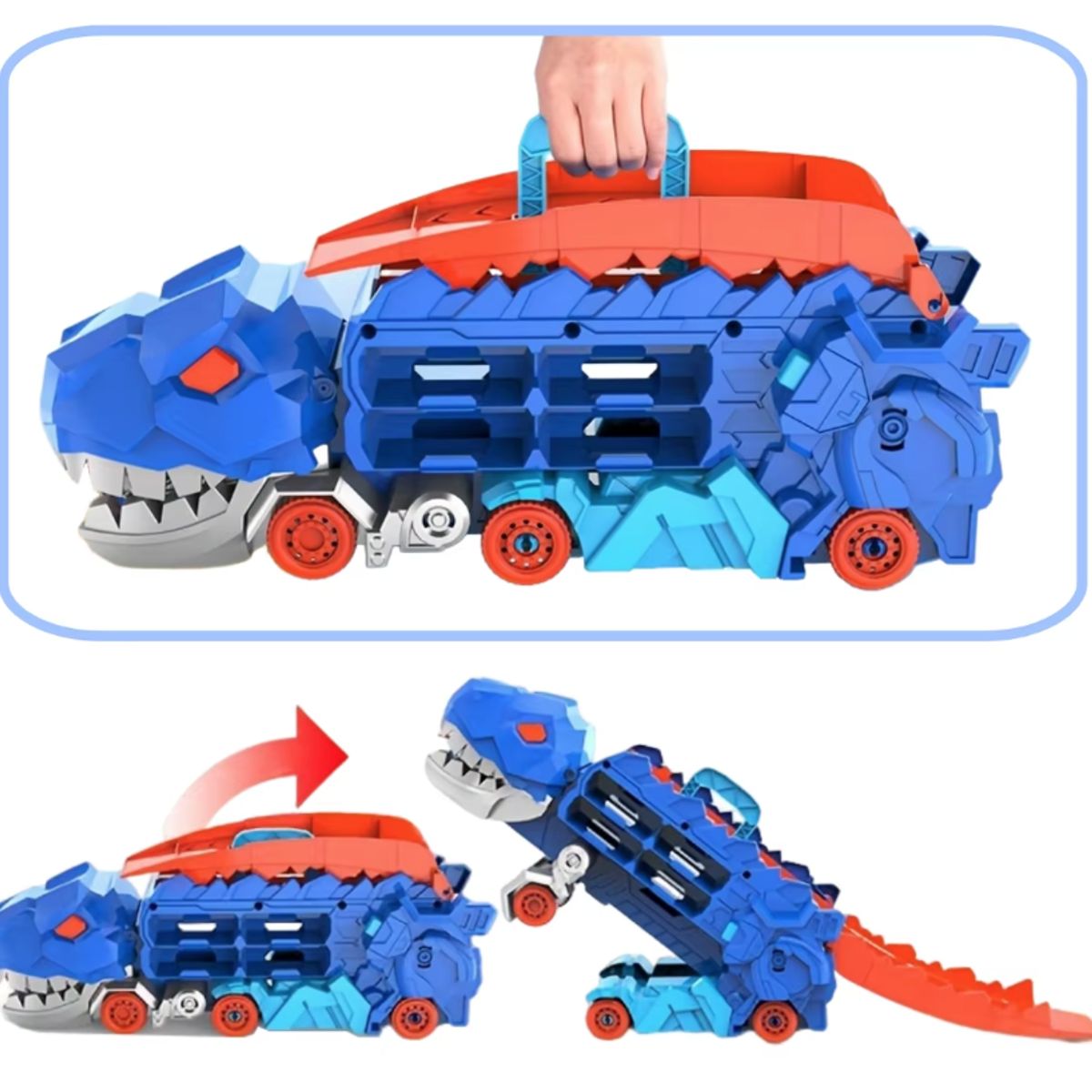 GENERICO - Camión Dinosaurio T-rex Transformable Con Pista Y Autos Azul