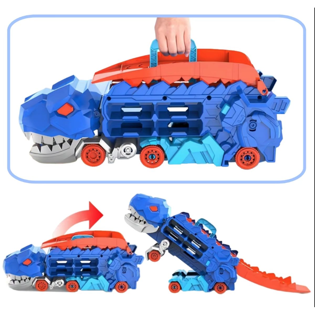 GENERICO - Camión Dinosaurio T-rex Transformable Con Pista Y Autos Azul