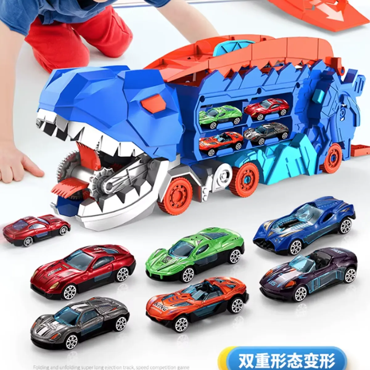 GENERICO - Camión Dinosaurio T-rex Transformable Con Pista Y Autos Azul