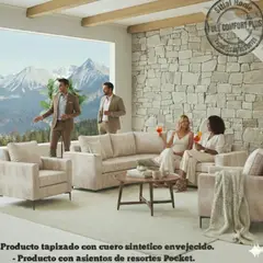 SITIAL HOME - Living 311 jack Blanco hueso cuero sintetico envejecido Seccional + 2 Poltronas con Resortes