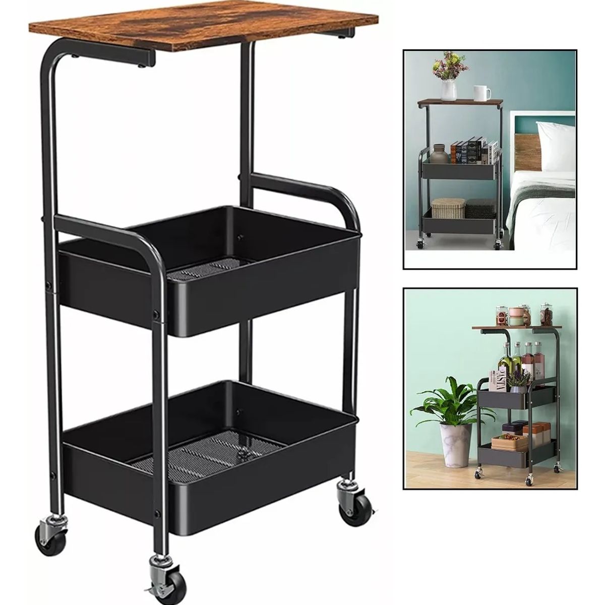 GENERICO - Carrito Organizador  De 2 Niveles Con Ruedas  Con Mesa De Madera Negro
