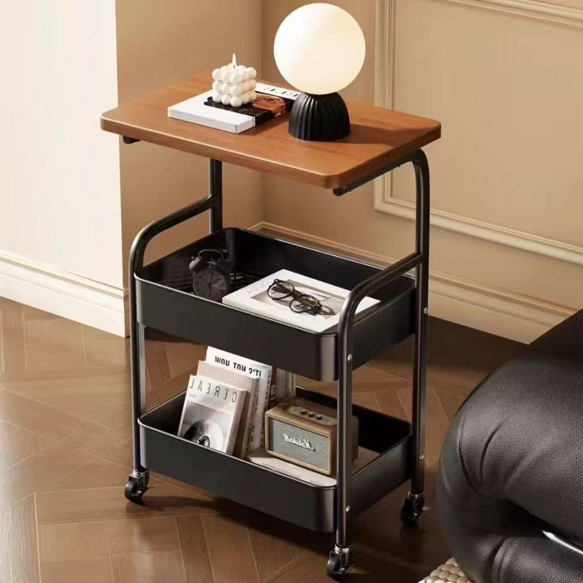 GENERICO - Carrito Organizador  De 2 Niveles Con Ruedas  Con Mesa De Madera Negro