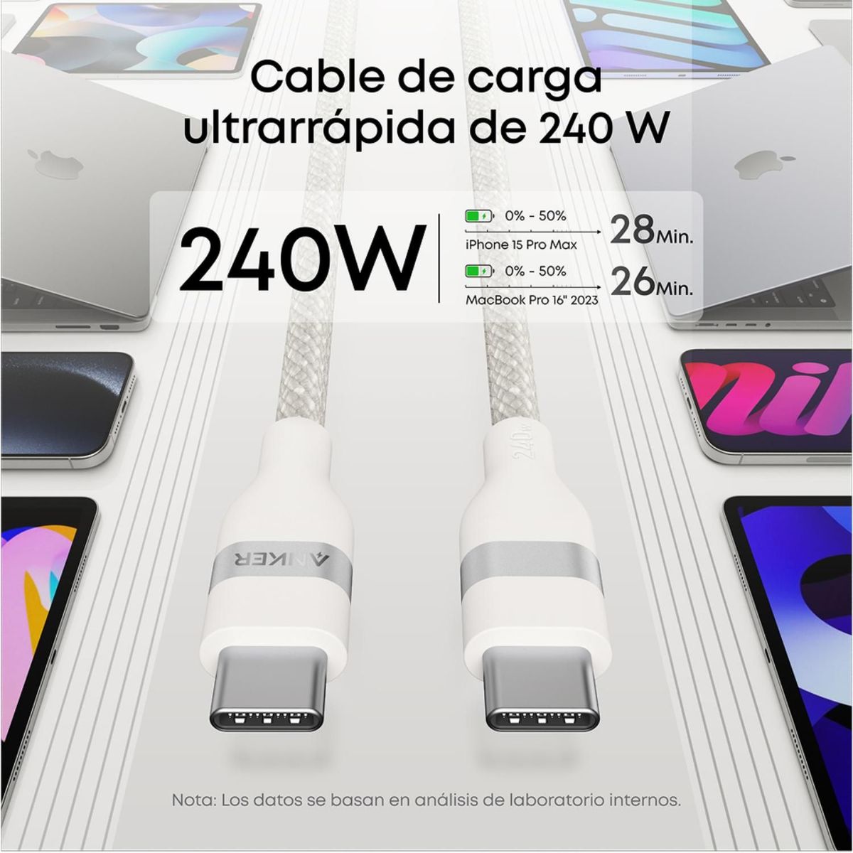 ANKER - Cable USB-C a USB-C Anker Carga Rápida 240W 1m Blanco