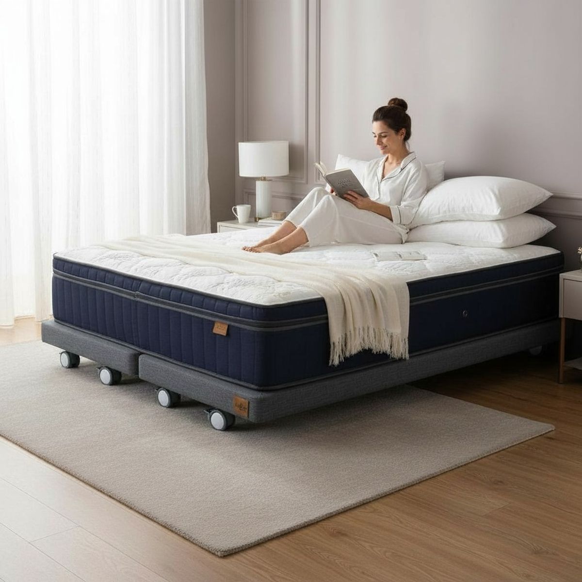 BLOCCARE - Cama King Box 8 cm + Colchon CIC L200 cm - Super Premium / Con Refuerzo - Rueda Logo (Gris)